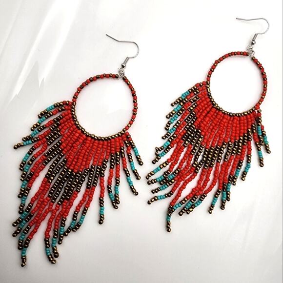 Free People Red and Turquoise Beaded Earrings - Picture 1 of 9